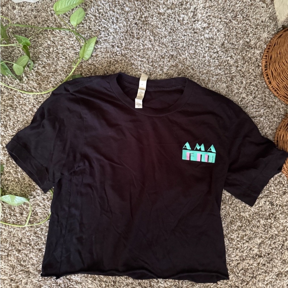 Black T-Shirt with Green and Pink Logo